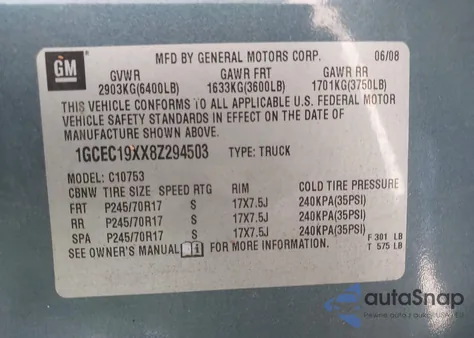 2008 Chevrolet Silverado 1500 Work Truck from USA, damaged, VIN 1GCEC19XX8Z294503